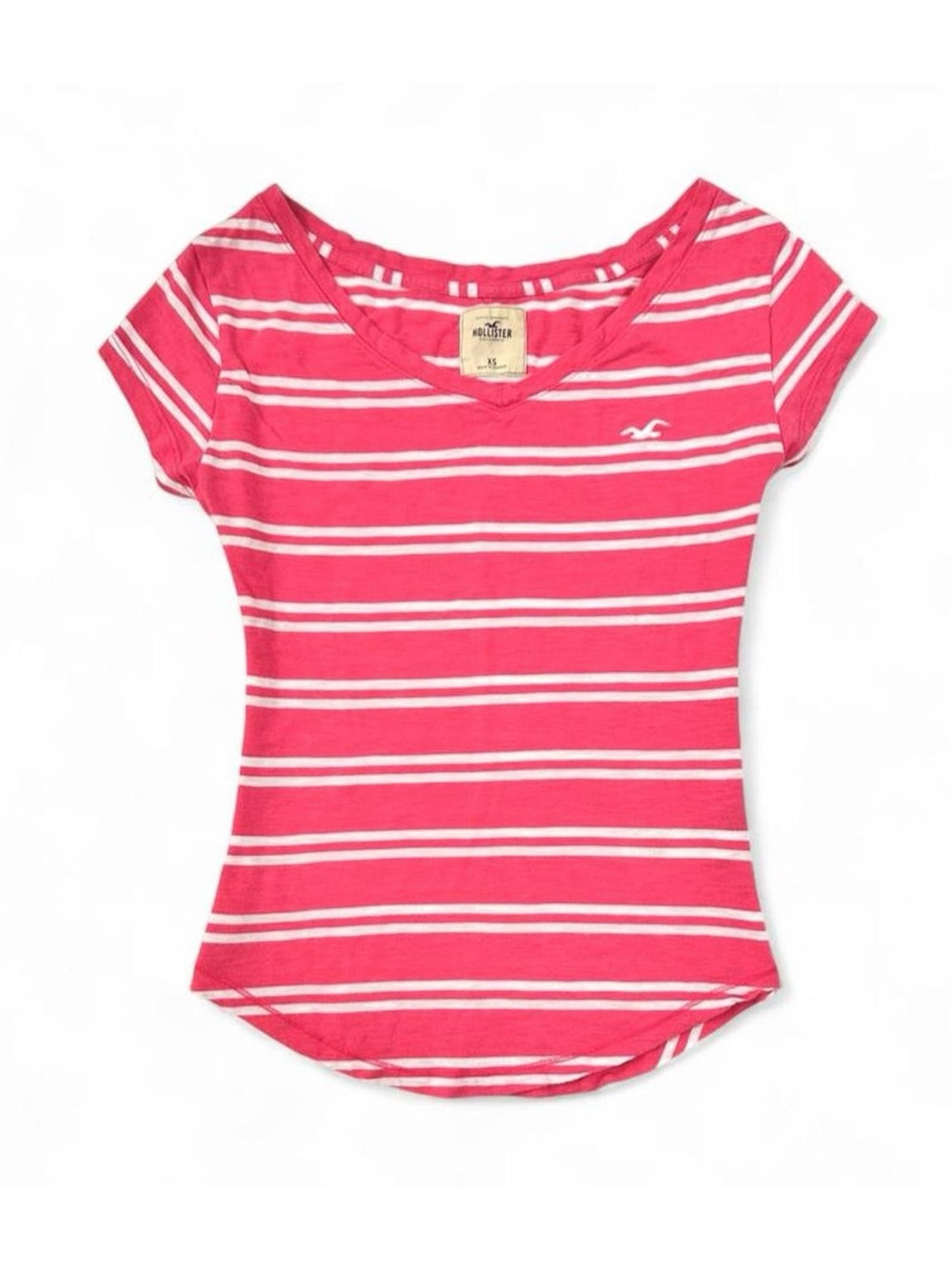 Y2K 2000s Hollister Pink & White Striped V-Neck T-Shirt